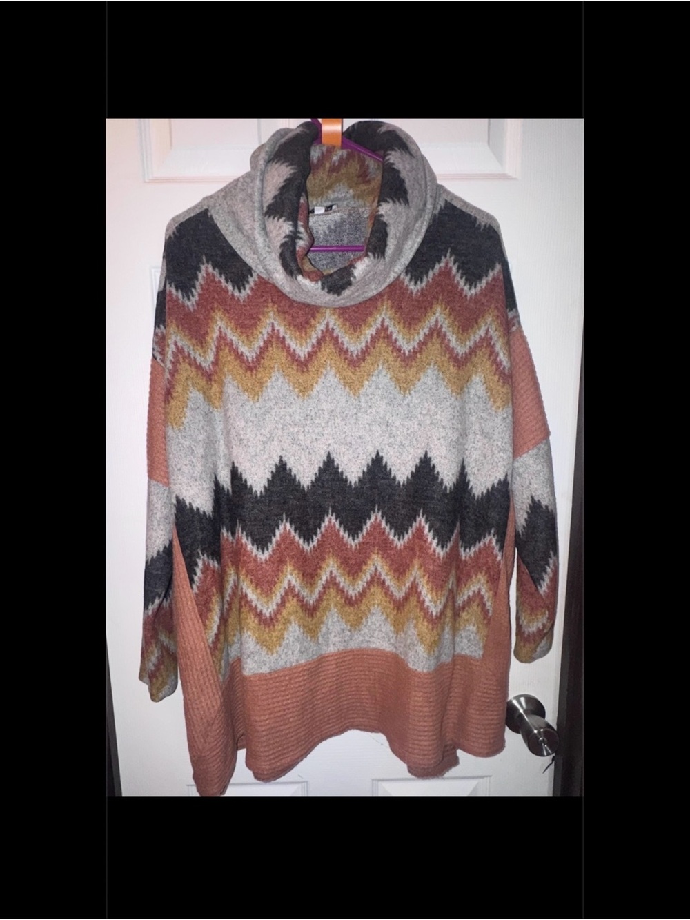 White Birch Zigzag Cowl-Neck Sweater in Rust, Gray, Mustard and Black